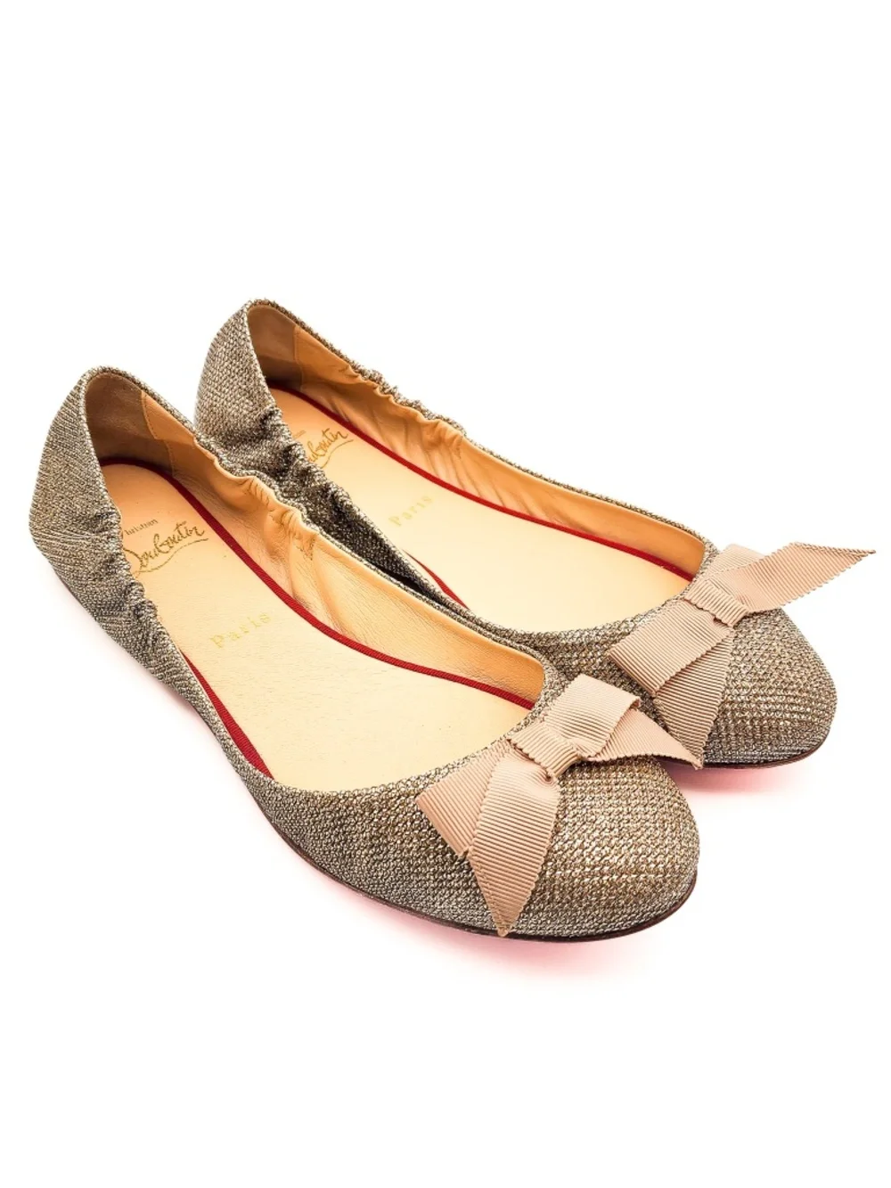 Christian Louboutin Gloriana Glittered Gold Fabric Ballet Bow Flats EU 37.5